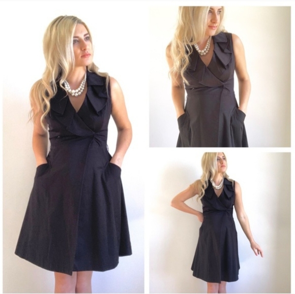 CALVIN KLEIN BLACK SLEEVELESS DRESS RUFFLED NECKLINE SIZE 6 - Picture 3 of 13